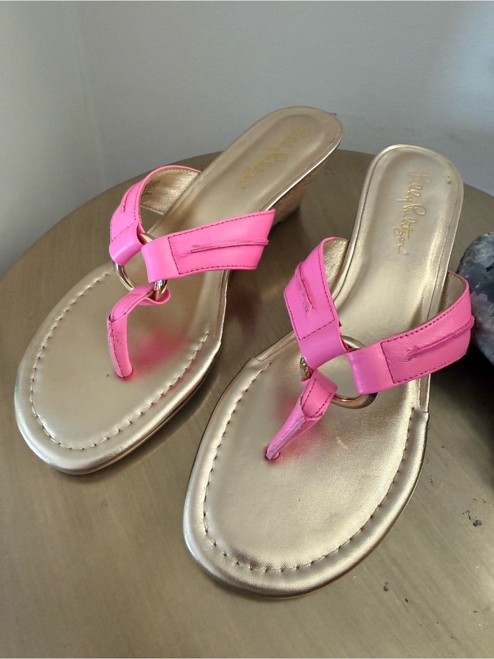Lili Pulitzer McKim Wedge Sandal w/Gold Footbed & Pink Strap Women's  sz 7 *NWOT